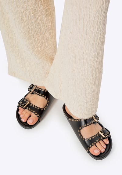 Wittchen Dames leren slippers met decoratieve bandjes, zwart natuurlijk leer