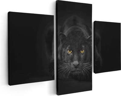 Artaza Canvas Schilderij Drieluik Zwarte Panter Met Oranje Ogen - 90x60 - Foto Op Canvas - Canvas Print