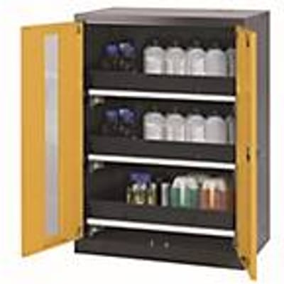 asecos CS-CLASSIC-G chemische voorraadkast, scharnierende deuren met glasuitsparing, voorkant in veiligheidsgeel, B 810 x D 520 x H 1105 mm