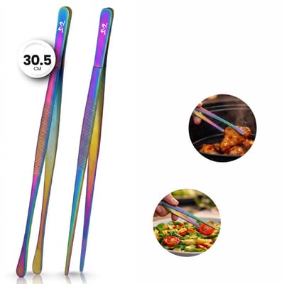 Keukenpincet / Kookpincet RVS Set 2 Stuks – 30,5 cm – Pointed & Round – Vleestang & Keukentang voor BBQ en Dagelijks Gebruik – Rainbow