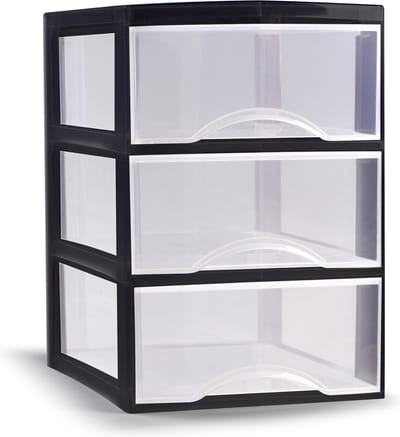 Plasticforte Ladeblokje/bureau organizer met 3x lades - transparant/zwart - L18 x B25 x H25 cm