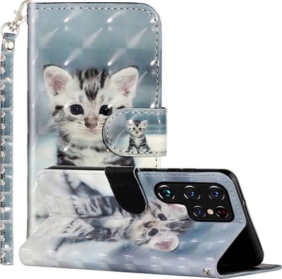 LuxeBass Boekhoesje met print geschikt voor Samsung Galaxy S22 Ultra - Cute Kitten gsm hoesje - telefoonhoes - telefoonhoesjes