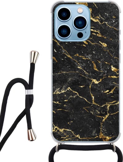 Hoesje met koord - Geschikt voor iPhone 13 Pro Max - Marmer zwart goud - Verstelbaar zwart koord - Zwart, Transparant - Marmer - Leuke Telefoonhoesjes
