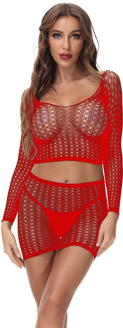 Erotisch Kanten Jurkje met Grote Fishnet Gaten – Sexy Lingerieset met Lange Mouwen – One Size – Babydoll Lingerie – Rood – Verleidelijke Look
