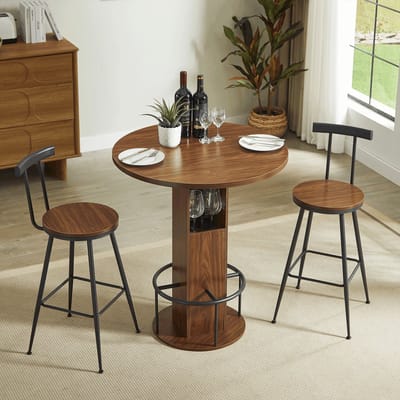 Pugsdrly 3-delige bartafel- en krukkenset 31,5 inch ronde tafel met twee krukken Houten eettafel met ringvormige voetsteun van metaal Geschikt voor eetkamers, cafés, bars, woonkamers enz. Walnoten