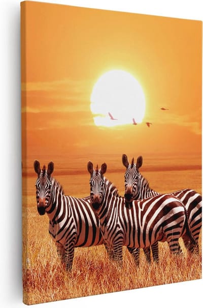 Artaza Canvas Schilderij Afrikaanse Dieren - 40x50 cm - Wanddecoratie Zebra - Muurdecoratie Savanne - Kamer Accessoires Zonsondergang