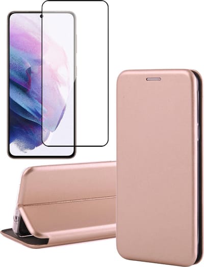 Hoesje geschikt voor Samsung S21 en Screenprotector - Book Case Kunstleer Wallet Cover Hoes Rosegoud + Screen Protector Glas Full Screen