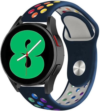 Strap-it Sport bandje - geschikt voor Samsung Galaxy Watch 7 (40 & 44mm) / Galaxy Watch 6 (Classic) / Galaxy Watch 5 / 5 Pro / Watch 4 / 4 Classic / Watch FE - sport siliconen bandje voor Galaxy Watch 4-5-6 alle varianten - donkerblauw/kleurrijk