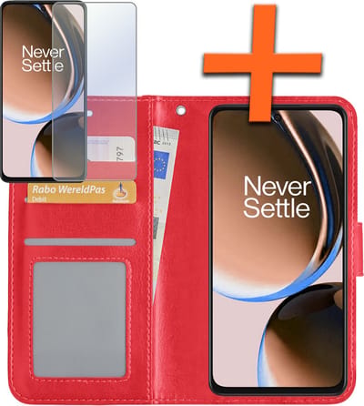 Hoes - Met Screenprotector - Geschikt voor OnePlus Nord CE 3 Lite - Luxe Pasjeshouder - Bookcase Portemonee - Flip Case - Kunstleer Book Case - Flipcase - Book Cover - Walletcase - PortemonneeHoes - Rood