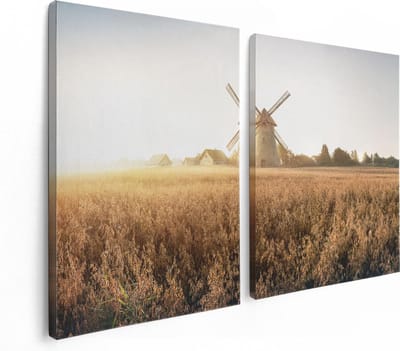 Artaza Canvas Schilderij Tweeluik Windmolen in het Veld - 120x80 - Foto Op Canvas - Canvas Print