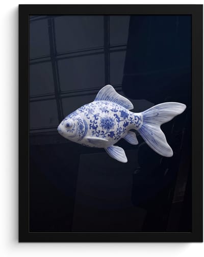 Poster in lijst - Fotolijst 30x40 cm - Posters - Porselein - Goudvis - Delfts - Blauw - Posterlijst zwart - Decoratie - Wanddecoratie woonkamer - Muurdecoratie slaapkamer