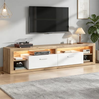 MIVRAY Tv-Meubel - Met App-Bedienbare Led En 2 Laden - Voor Woonkamer - Spaanplaat In Natuurlijke Houtkleur - 180x35,5x50 Cm