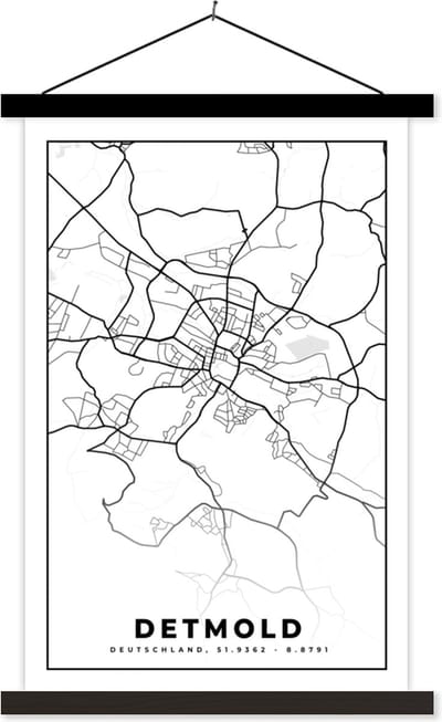 Posterhanger incl. Poster 40x60 cm - Schoolplaat - Kaart - Stadskaart - Detmold - Plattegrond - Textielposter - Zwarte latten - Stadskaart