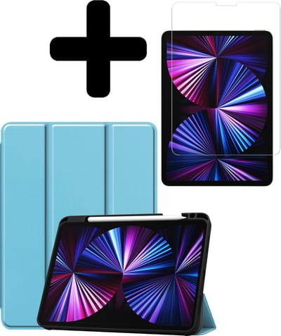 Hoesje - Geschikt voor Apple iPad Pro (2021) - 11 inch - 3e generatie - Met Screenprotector - Trifold Bookcase Hoes - Hard Cover Case - Met Uitsparing Geschikt voor Apple Pencil - Hardcover Book - Tablethoes - Lichtblauw
