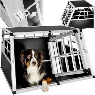 tectake® Dubbele Hondenbench - Aluminium Transportbox met Trapeze Vorm, Lichtgewicht en Stevige Constructie, Ideaal voor Veilige Ritten en Comfort voor je Hond - 89 x 69 x 50 cm