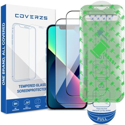 Coverzs Tempered Glass Screenprotector met frame (2-pack) geschikt voor iPhone 13 – Gehard Glas – Beschermfolie met Montageframe – Krasbestendige Schermbescherming