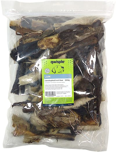 Qwisple Lamskophuid met haar - Gedroogde Natuurlijke Hondensnacks Lam - 1000 gr