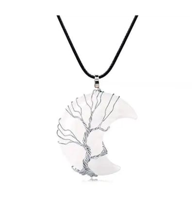 ASTRADAVI Kristal Halve Maan - Hanger - Positieve Energie Chakra Kristal Edelstenen - Zilverkleurige Kooi - met Zwart Vegan Lederen Koord - Wit Quartz - Cadeau Idee