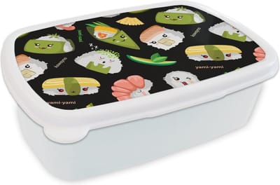 Broodtrommel Wit - Lunchbox - Brooddoos - Kawaii - Sushi - Patronen - 18x12x6 cm - Volwassenen