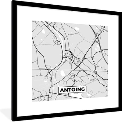 Fotolijst incl. Poster Zwart Wit- Stadskaart – Plattegrond – België – Zwart Wit – Antoing – Kaart - 40x40 cm - Posterlijst