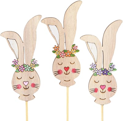 Bloemplug houten decoratieve konijnenkop op stok 11cm 12 st, 12 Stück