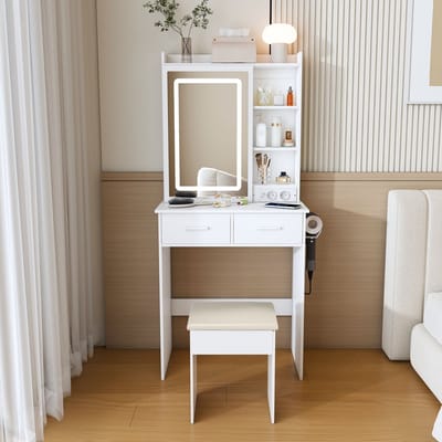 MODFU Kaptafel Met Spiegel - Dimbare Ledverlichting En Stopcontacten - Met Kruk En Opbergruimte - MDF - Wit
