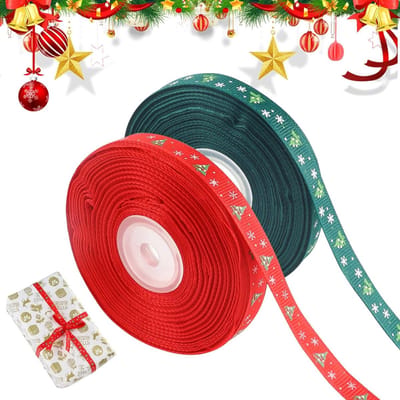 Decoratieve Kerststrik Ribbons in Rood en Groen, 22m, 10mm Breed, Perfect voor Cadeaus en Versieringen met Kerstboompatroon
