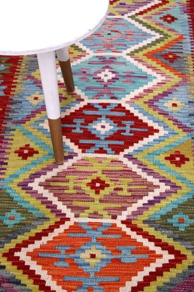 Kleurrijk Tapijt Laagpolig Handgeweven Wollen Vloerkleed - Koho Afghan Kelim 197x81 - 197x81cm- Modern - Woonkamer - Salon - Slaapkamer - Eetkamer