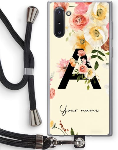 Gepersonaliseerd - Case Company® - Hoesje met koord geschikt voor Samsung Galaxy Note 10 hoesje met Koord - Flirty Flowers Monogram - Telefoonhoesje met Zwart Koord - Bescherming aan alle Kanten en Over de Schermrand