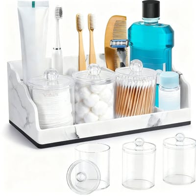 Hars Badkamer Tandenborstelhouder - Multifunctionele Organizer - Badkamer Opbergrek - Wit met 3 Transparante Potjes met Deksel
