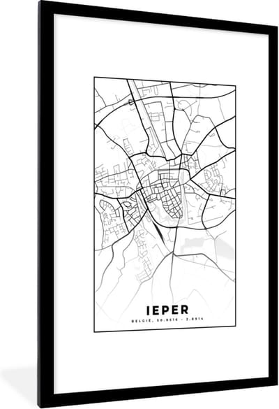 Fotolijst incl. Poster Zwart Wit- Stadskaart – Plattegrond – België – Zwart Wit – Ieper – Kaart - 80x120 cm - Posterlijst
