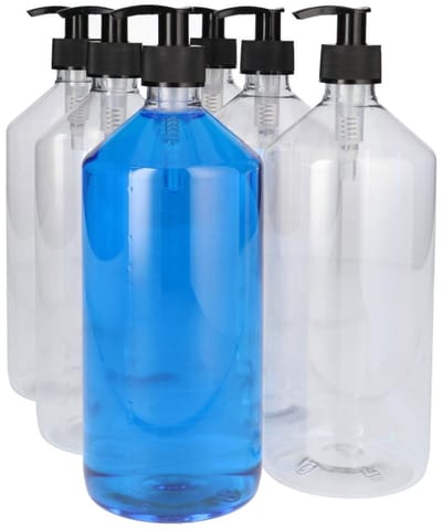 6 x 1000 ml Pharma PET Fles Transparant met Dispenserpomp Zwart- PET Kunststof BPA-vrij - Plastic Flessen Navulbaar - Met Dop - Lege Flessen - 6 stuks