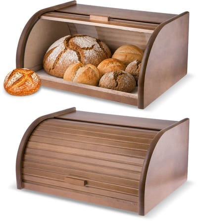KADAX Ruime broodtrommel van hoogwaardig hout, broodtrommel met roldeksel voor langer verse, brooddoos met voorklep, eco, broodtrommel, broodopslag (bruin)