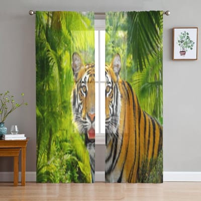 Tijger In Een Regenwoud Transparante Raamgordijnen Voor Woonkamer Slaapkamer Moderne Voile Tule Gordijnen Stof Draperieën Voor Keuken 135W x 114H(cm) black