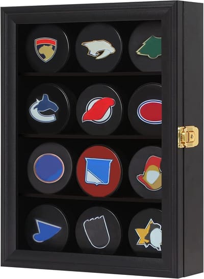 Displaykast voor 12 Hockey Pucks - Muurmontage Hockeystick Puck Houder met Glazen Deur en Slot
