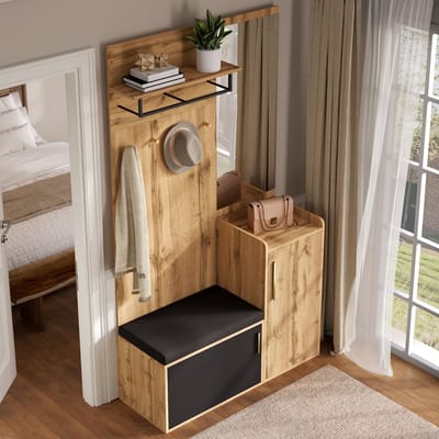 DESMIU Kapstok Met Spiegel En Zitbank - Ruimtebesparende Halmeubelset Met Schoenkast En Haken - Voor Hal En Kleine Woning - Spaanplaat - 100x38x185 Cm - Zwart Natuur