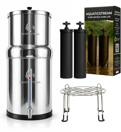 Aquaticstream 8.5L Gravity Filtration System™ | CarbonFlow Black Filters + 7" Stainless Steel WaterView + Standaard (berkey alternatief)