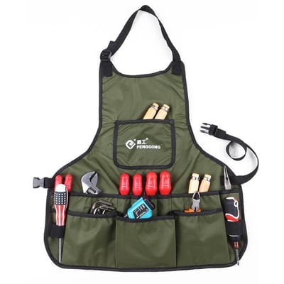 PENGGONG Tablier à outils de jardinage en toile imperméable avec poches, taille réglable, convient aux hommes et vert foncé