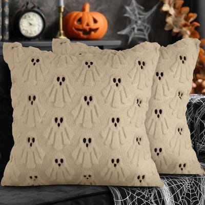 EGoods - Sierkussenslopen Halloween, set van 2, schattige spookachtige kussenslopen, zacht pluche kunstbont, decoratieve kussenhoes voor huis, slaapkamer en bank - 50x50 cm (beige)