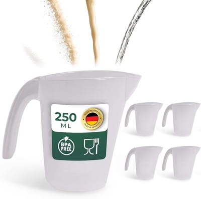 Novaliv set van 5 maatbekers 250ml, maatbekerset transparant met duidelijke g/ml schaalverdeling voor vloeistoffen bloem & suiker, Made in Germany, vaatwasserbestendig, mengkom doseerbeker maatbeker