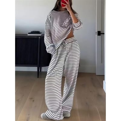 Europese En Amerikaanse Kleding Lente Gestreept Casual Pak Lange Mouwen Tops Hoge Taille Broeken Tweedehands Set XXL grijze kleur