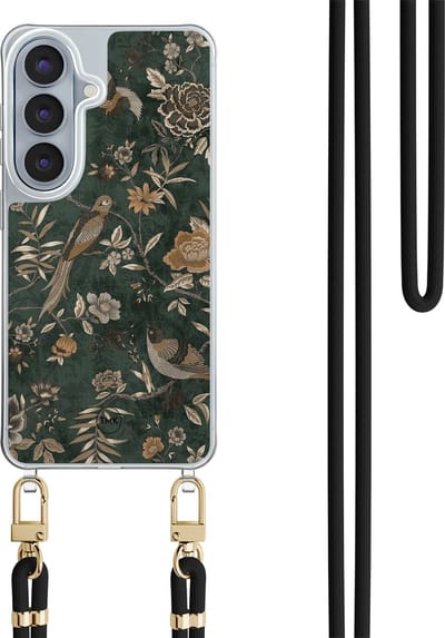Telefoonhoesje met koord geschikt voor Samsung S26 - Khaki golden flowers - Inclusief koord - Transparant, Multi - - Crossbody beschermhoes - Met Telefoonketting