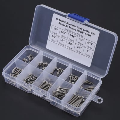 Ensemble d'assortiment de 150 pièces de 9 tailles de vis à tête creuse hexagonale avec boîte en plastique #2-56 UNC