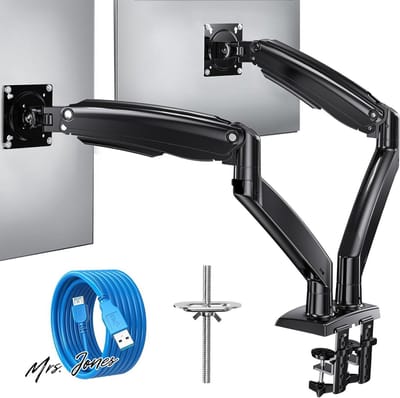 Mrs. Jones Dubbele Monitor Standaard Verstelbare Gasveer Arm - HDMI Kabels - VESA 75/100 mm - Gewicht tot 12 KG per Arm - 2 Bevestigingsopties - Monitor Stand met Zoekwoord 1 Zoekwoord 2 .