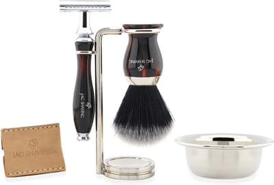 Handgemaakte antieke herenscheerset met dubbelzijdig veiligheidsscheermes, synthetische scheerkwast, standaard en kom, perfecte scheerset