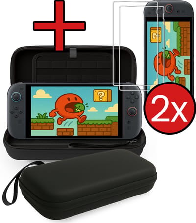 Hoes Geschikt voor Nintendo Switch 2 Case Hard Cover Bescherm Hoesje Koord Met 2x Screenprotector - Case Geschikt voor Nintendo Switch 2 Hoes - Zwart