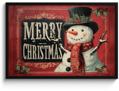 Poster in lijst - Fotolijst 90x60 cm - Posters - Klassiek - Kerstgroet - Sneeuwpop - Rood - Posterlijst zwart - Decoratie - Wanddecoratie woonkamer - Muurdecoratie slaapkamer - Kerstversiering - Kerstdecoratie voor binnen - Kerstmis