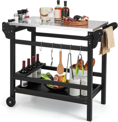 COSTWAY Grillwagen van HDPE, grilltafel met kruidendienblad, wijnflessenrek, handvat & 2 wielen, werkblad van roestvrij staal, outdoor serveerwagen, weerbestendige bijzettafel voor tuin, terras