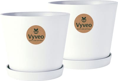 Vyveo - Bloempot Norden met onderzetter - Set van 2 - 12x11 - Wit - Bloempot voor binnen en buiten - Lichtgewicht - Breukbestendig - Vorstbestendig - UV-bestendig
