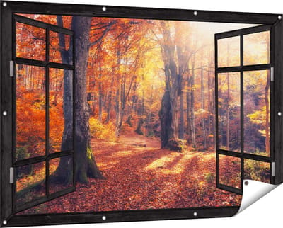 Gards Tuinposter Doorkijk Oranje Herfstbos met Zonneschijn - 150x100 cm - Tuindoek - Tuindecoratie - Wanddecoratie buiten - Tuinschilderij